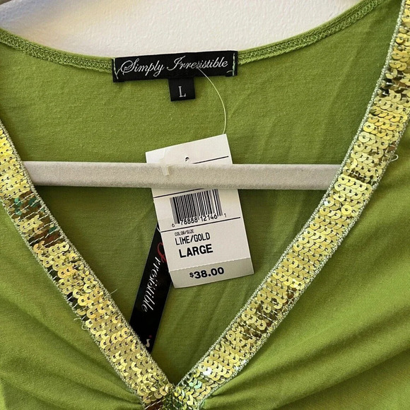 Vintage Y2K NWT Lime Green Sequin Top Women’s Large 3/4 Sleeve Ruched Gold - Picture 2 of 7